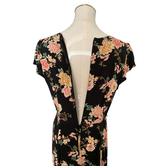 Forever 21 Womens Medium Black Floral Maxi Dress V Neck Cap Sleeve Contemporary - Picture 10 of 14
